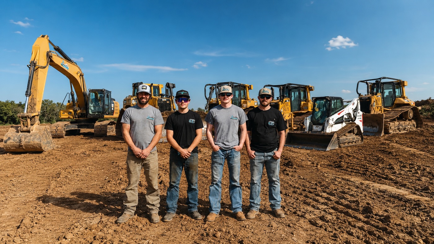 Excavation contractor Windsor, MO — Winkler Land Management Excavation contractor in Windsor, MO — Winkler Land Management team with excavators and bulldozers on a job site