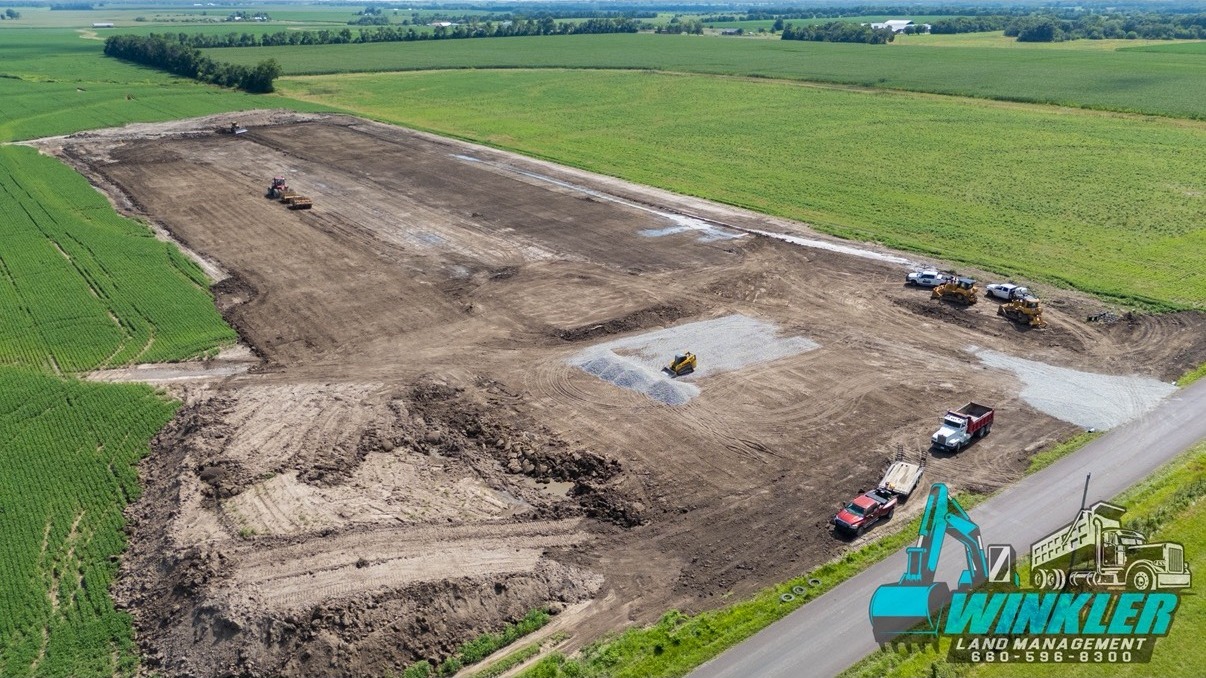 Aerial view of large graded pad and earthwork in Henry County, MO Aerial view of large graded pad and earthwork in Henry County, MO